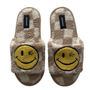 Joe Boxer‎ Tan and Cream Checkered Smiley Slippers M 7-8 NEW